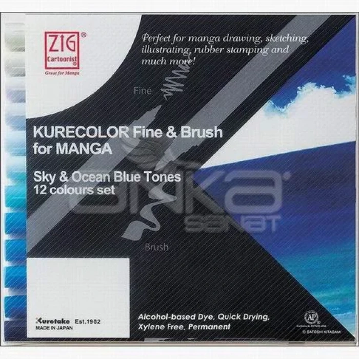 Zig Kurecolor Fine & Brush for Manga 12li Set Blue Tones