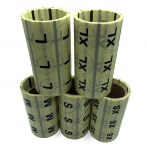 30 MM YUVARLAK ŞEFFAF ÜZERİ BASKILI BEDEN ETİKETİ ( XS,S,M,L,XL,XXL) ARASI 500 ADET