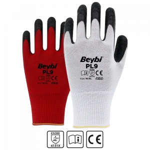 Beybi PL9 Desenli Lateks Kaplı Örgü Polyester Eldiven Kırmızı No 9