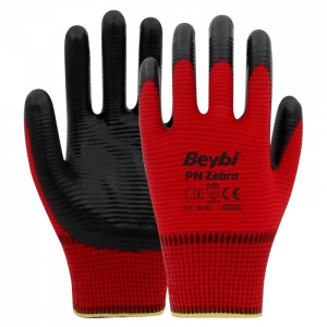 Beybi PN Zebra Yarı Nitril Kaplı Örgü Polyester Eldiven Siyah/Kırmızı No 10
