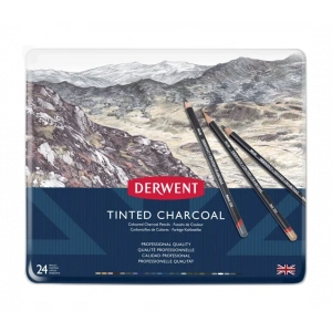 Derwent Tinted Charcoal Mürekkep Bazlı Kömür Kalem Seti Metal Kutu 24 Renk