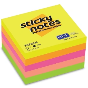 Kraf Yapışkanlı Not Kağıdı Küp Blok 75x75 mm. 400 Yaprak NEON RENKLER