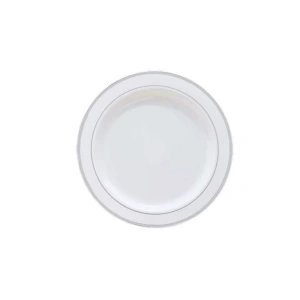 Plastik Gümüş Renk İşlemeli Beyaz Tabak 19 Cm - 6 Adet