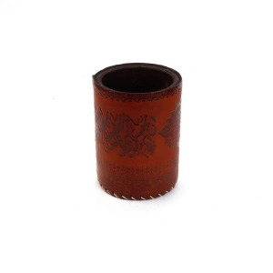 Suni Deri El Yapımı Masaüstü Yuvarlak Kalemlik Koyu Kahve