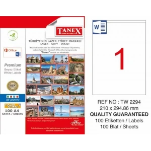 Tanex Tw-2294 Laser Etiketi (210 X 294,86 Mm)