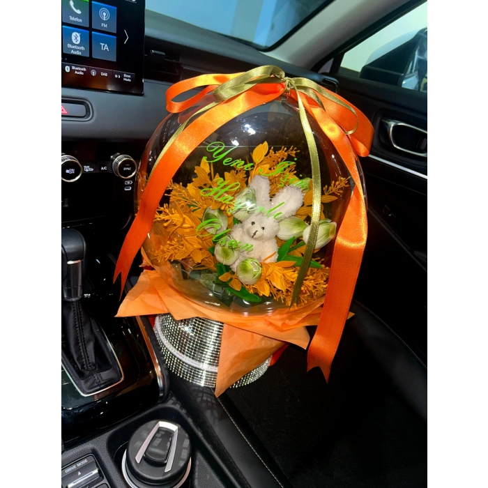 Ayna Tasarımlı Balon Kutuda Tavşanlı Lale Buketi