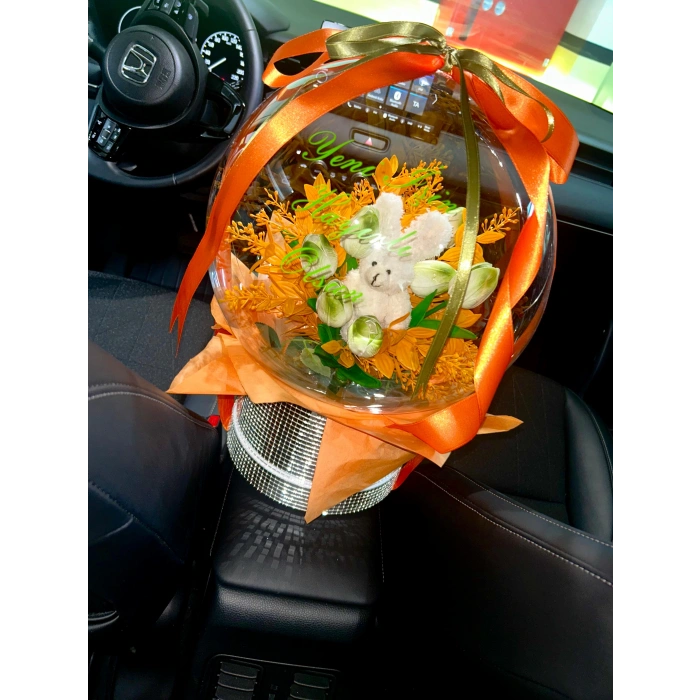 Ayna Tasarımlı Balon Kutuda Tavşanlı Lale Buketi