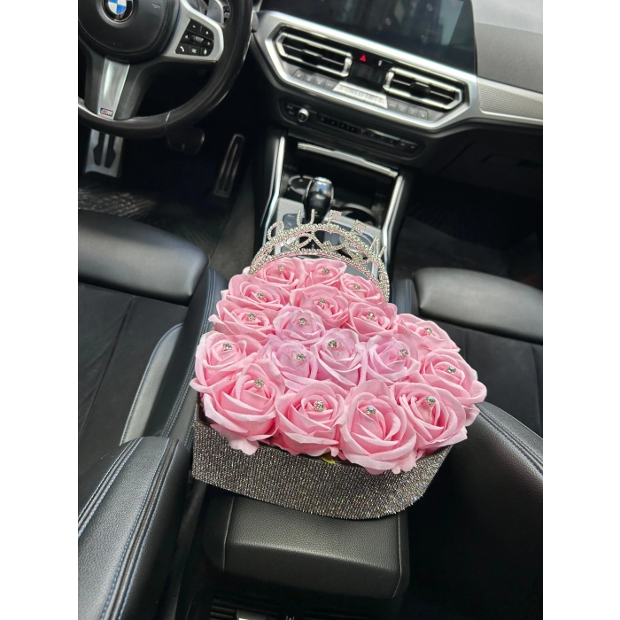 Özel Tasarım Kristal Kalp Kutuda Pembe Güller ve Taç
