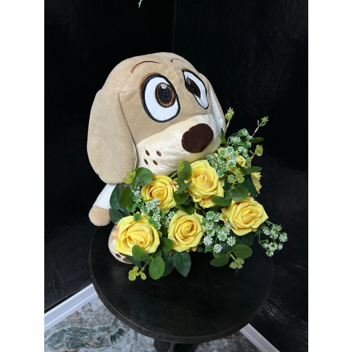 Peluş Köpek & Sarı Kadife Güller