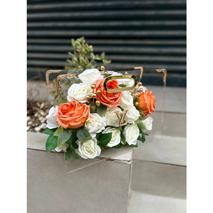 Premium Çantada Beyaz&Turuncu Kadife Güller