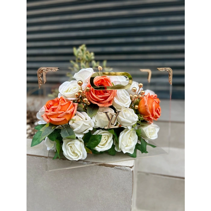 Premium Çantada Beyaz&Turuncu Kadife Güller