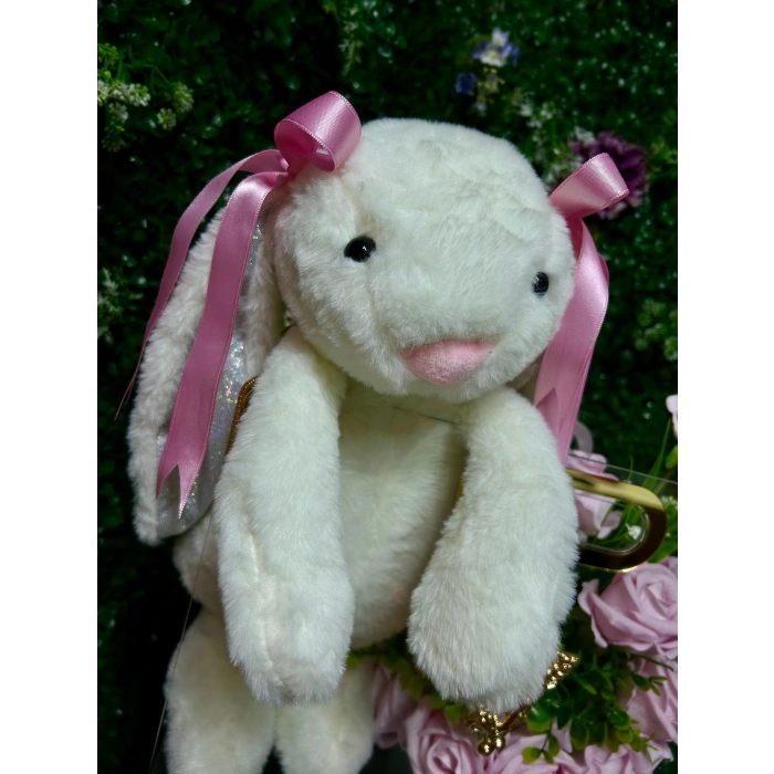 Premium Çantada Peluş Tavşan ve Pembe Kadife Güller