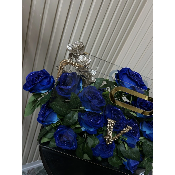 Premium Çantada Simli Mavi Kadife Güller