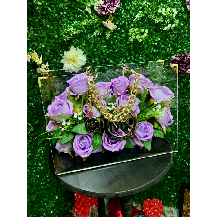 Premium Zincirli Çantada Lila Kadife Güller