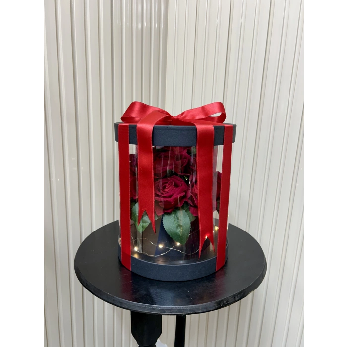 Şeffaf Silindir Kutuda Kadife Güller
