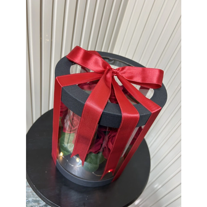 Şeffaf Silindir Kutuda Kadife Güller