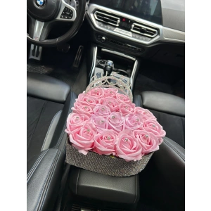 Özel Tasarım Kristal Kalp Kutuda Pembe Güller ve Taç