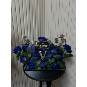 Premium Çantada Simli Mavi Kadife Güller