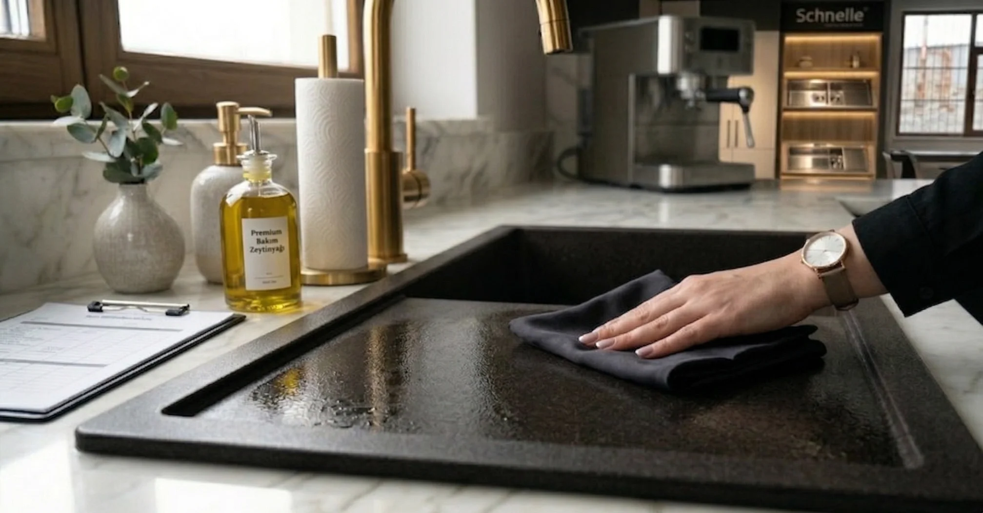 Schnelle Sararma Çözümü Parlak ve pürüzsüz siyah Schnelle evye görünümü