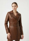 Murciva Kadın Kahverengi Uzun Deri Ceket