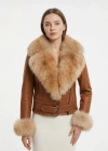 Perkam Kadın Kahverengi Tilki Kürklü Deri Ceket