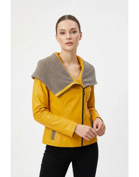 Koletsa Kadın Sarı Kısa Deri Ceket