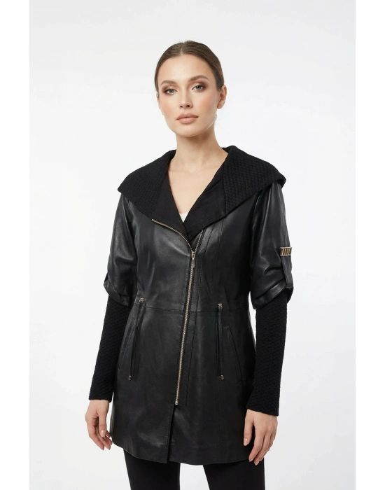 Komika Kadın Siyah Uzun Deri Ceket