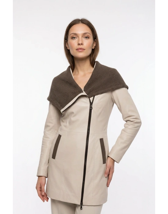 Koletsa Kadın Bej Uzun Deri Ceket