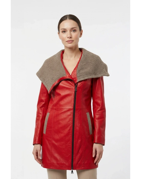 Koletsa Kadın Kırmızı Uzun Deri Ceket