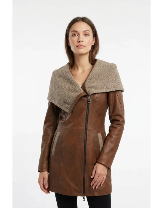 Koletsa Kadın Kahverengi Uzun Deri Ceket