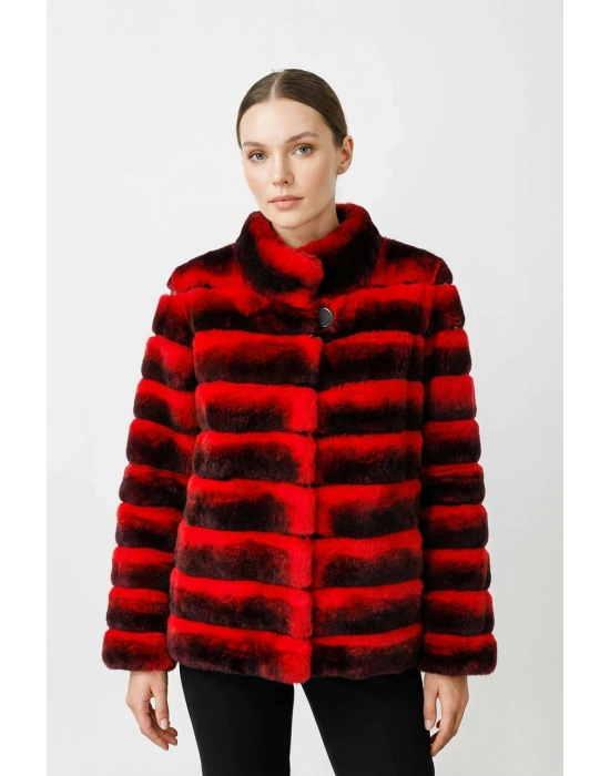 Arsevos Kadın Kırmızı Chinchilla Uzun Kürk Ceket