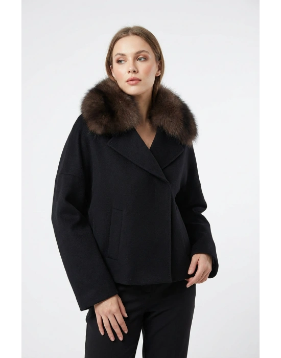 Maravni Kadın Siyah Oversize Kürklü Cashmere