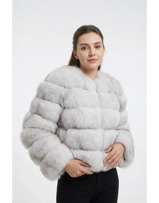 Havazit Kadın Beyaz Düz Model Tilki Kürkü Ceket