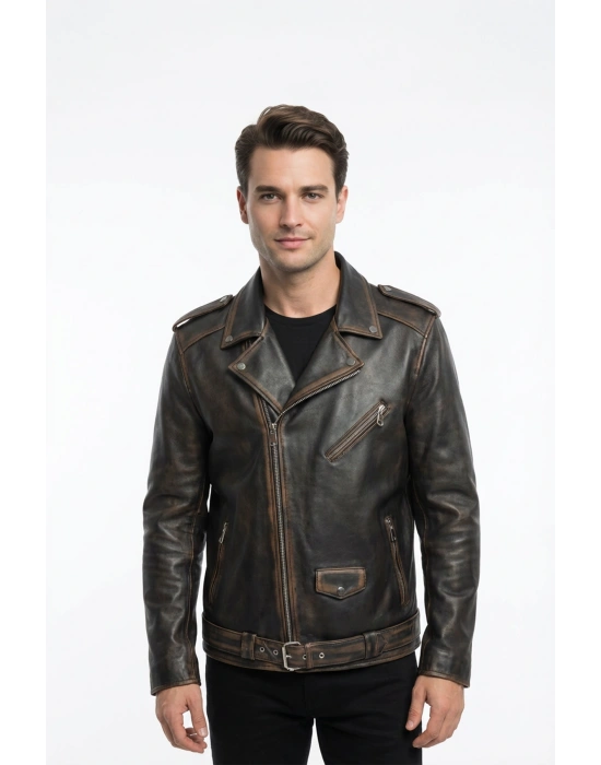 Akrotil Erkek Siyah Motor Deri Ceket