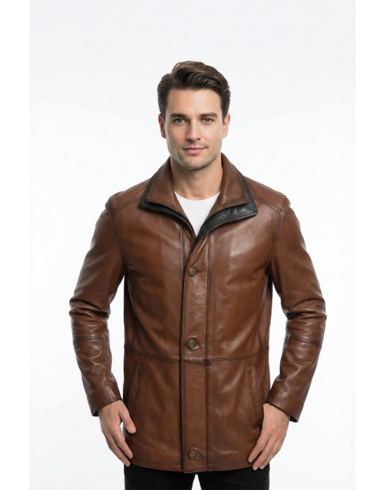 Argaloz Erkek Kahverengi Uzun Yakalı Deri Ceket