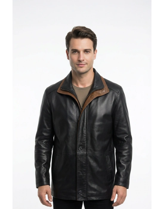 Argaloz Erkek Siyah Uzun Yakalı Deri Ceket