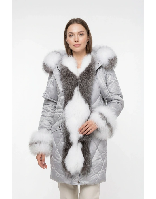 Asrifos Kadın Gri Uzun Tilki Kürkü Parka