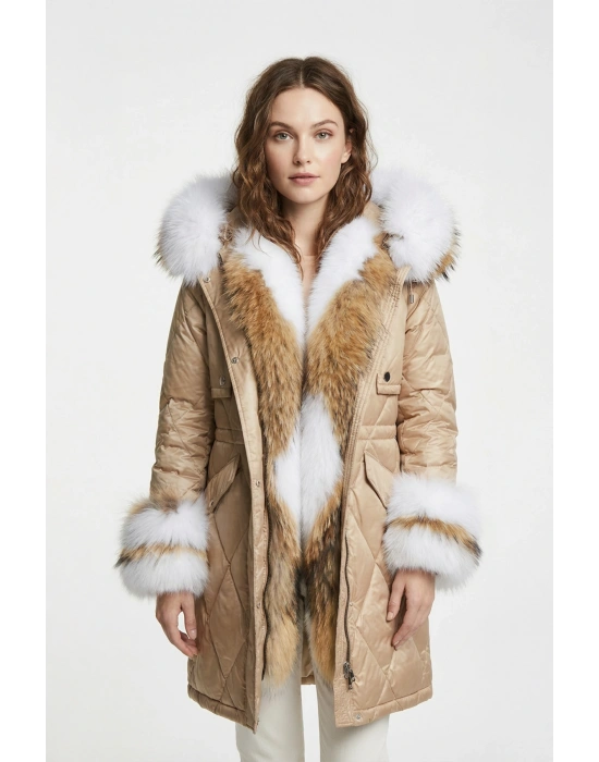 Asrifos Kadın Krem Uzun Tilki Kürkü Parka