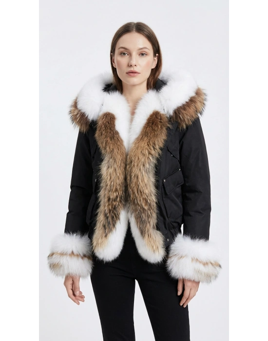 Asrifos Kadın Siyah Kısa Tilki Kürkü Parka