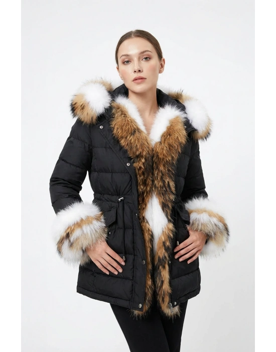 Asrifos Kadın Siyah Uzun Tilki Kürkü Parka