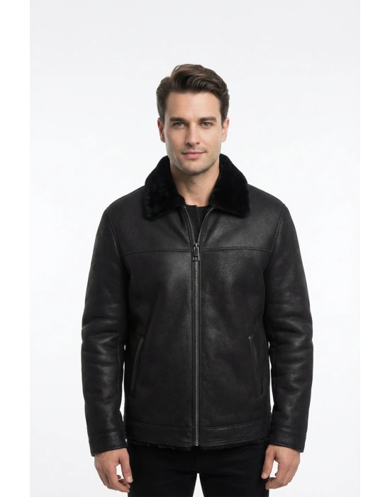 Avramit Erkek Siyah Kürklü Deri Kaban