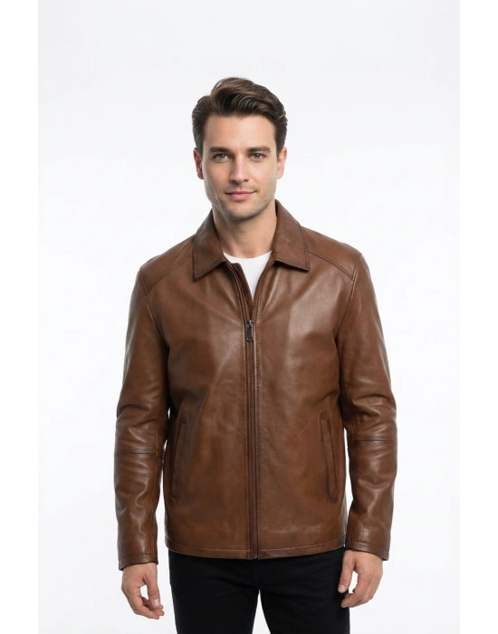 Gavra Erkek Açık Kahve Yakalı Deri Ceket