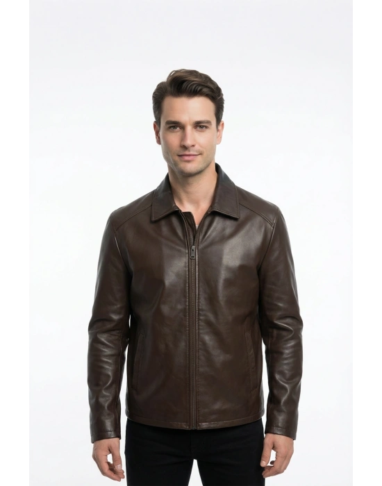 Gavra Erkek Koyu Kahve Yakalı Deri Ceket