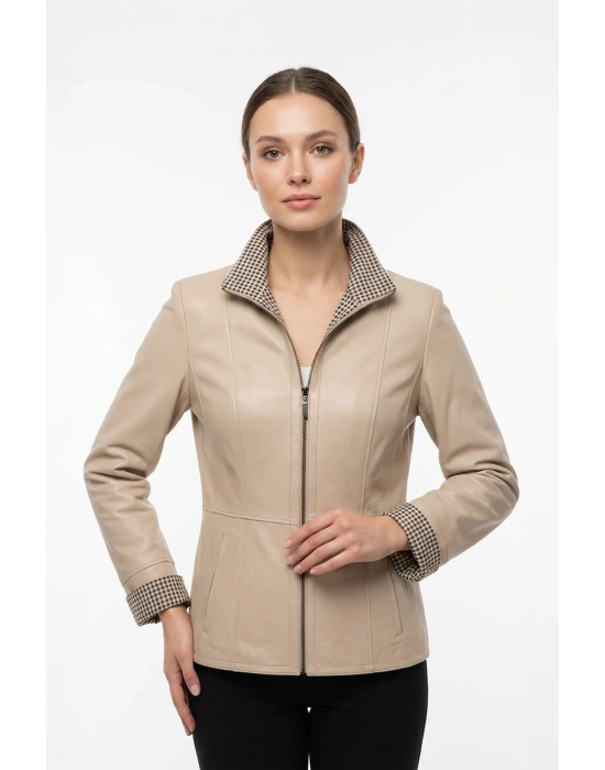 Kalitoz Kadın Bej Çift Taraflı Kısa Deri Ceket