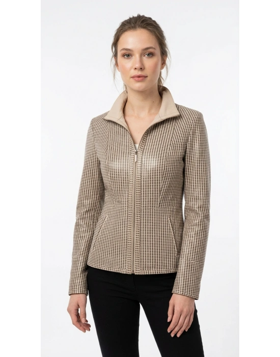 Kalitoz Kadın Bej Çift Taraflı Kısa Deri Ceket