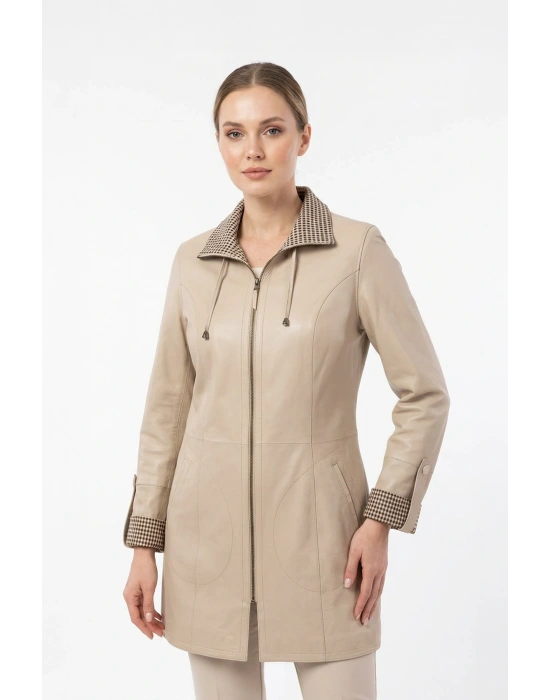 Kalitoz Kadın Bej Çift Taraflı Uzun Deri Ceket