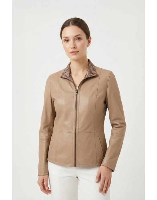 Kalitoz Kadın Camel Çift Taraflı Kısa Deri Ceket