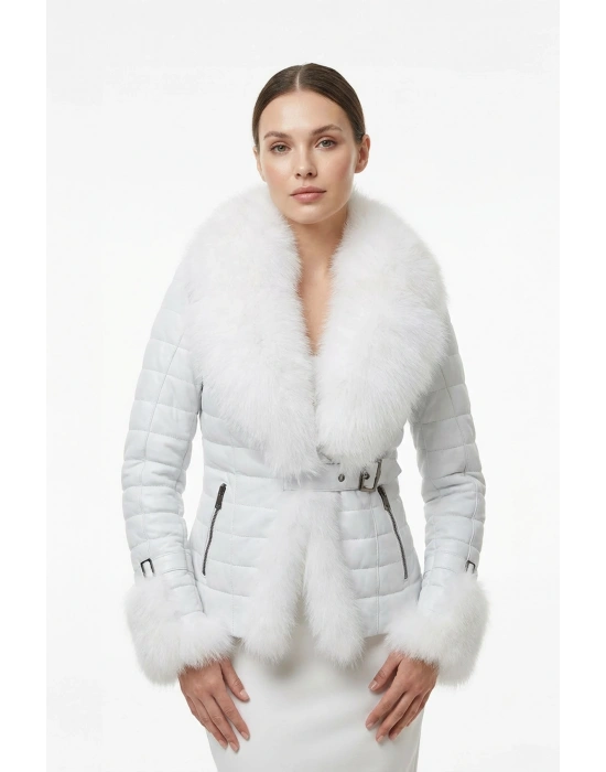 Kandeva Kadın Beyaz Kürklü Deri Ceket