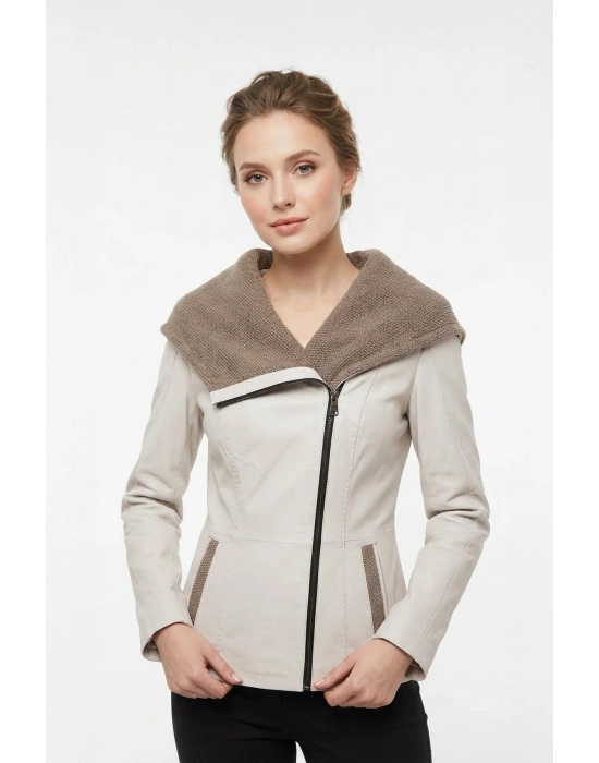 Koletsa Kadın Bej Kısa Deri Ceket