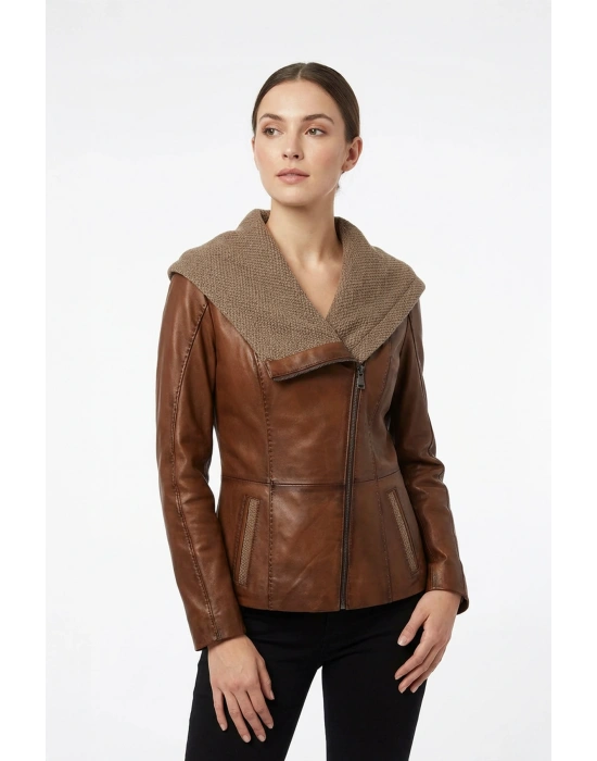 Koletsa Kadın Kahverengi Kısa Deri Ceket